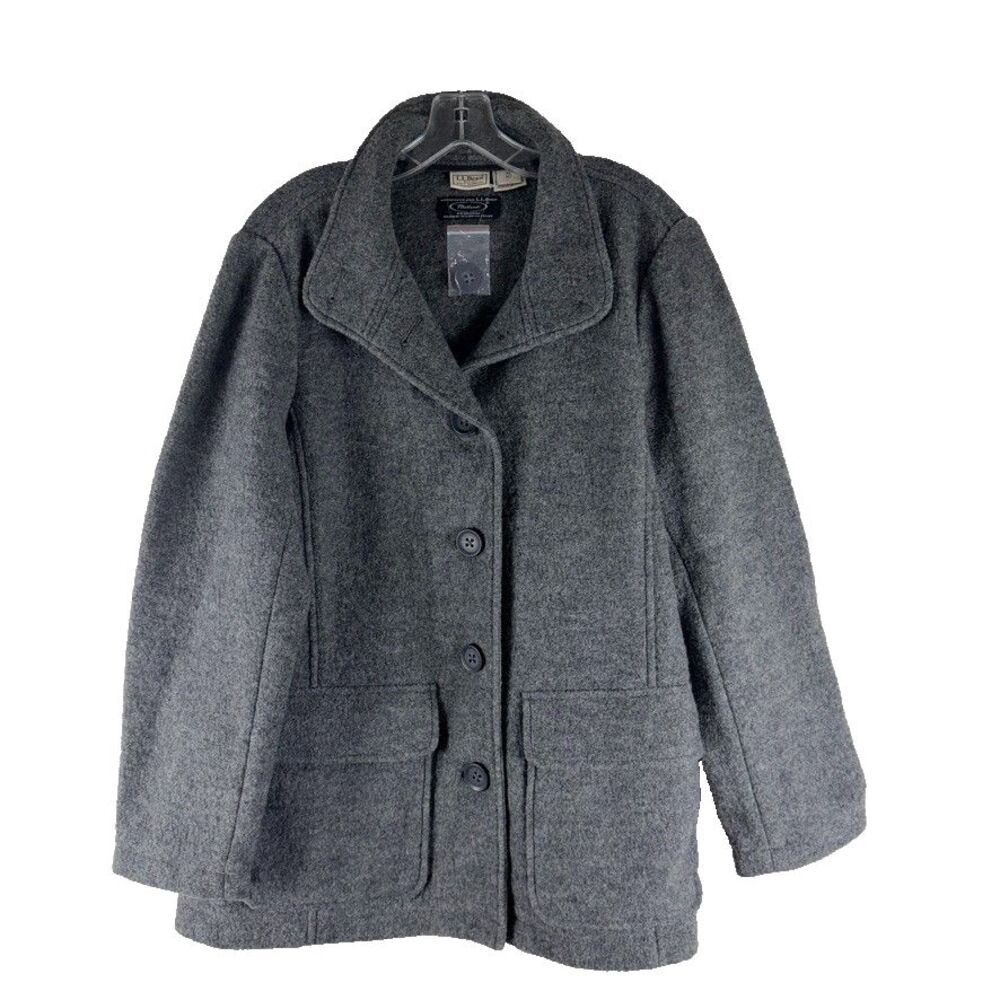 Vintage LL Bean Women XLP 100 % Wool Button Pea Coat Jacket Bellandi Italy Gray